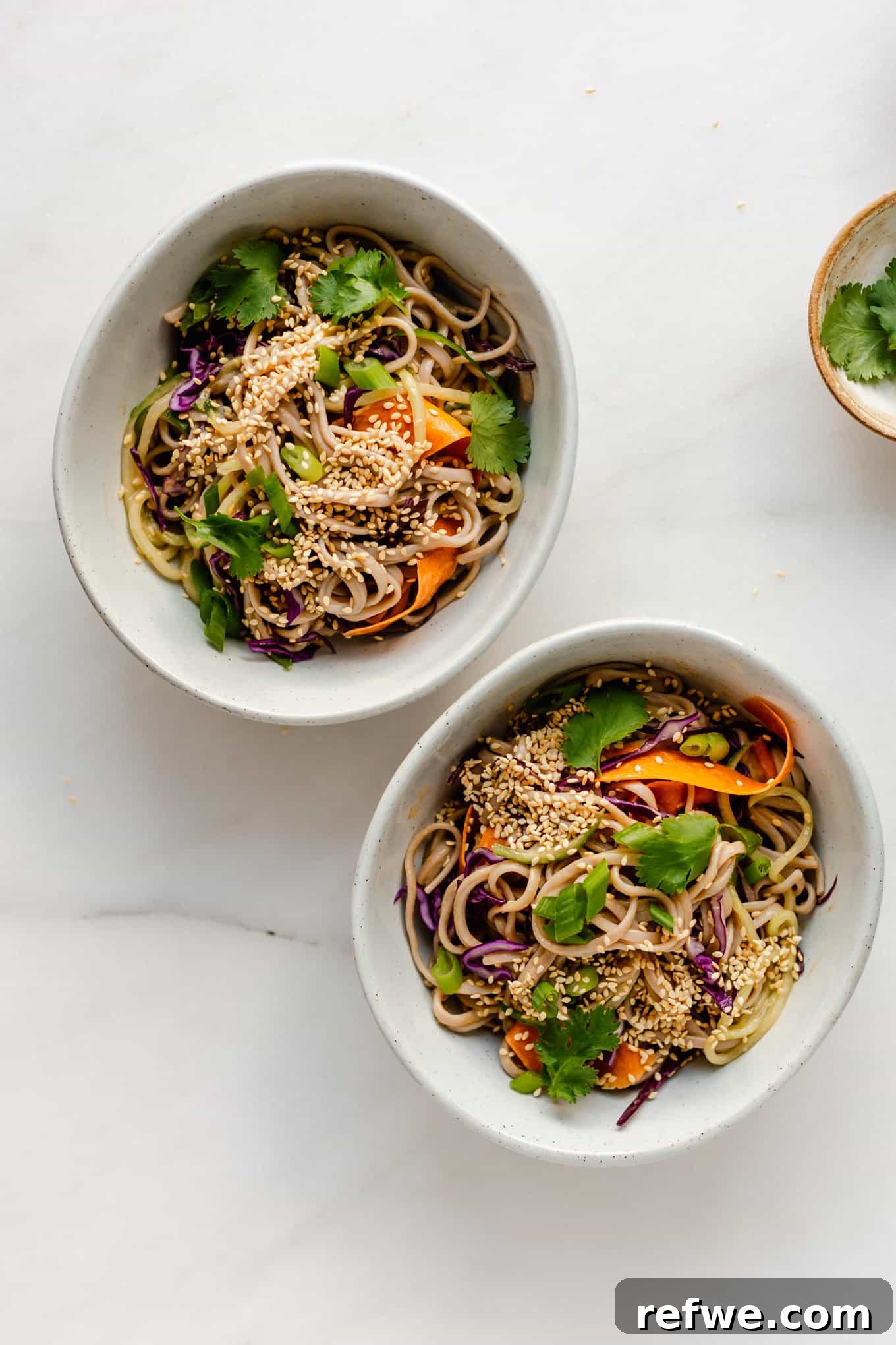Chilled Soba Noodles with Creamy Peanut Sauce 9 Two bowls of cold soba noodle salad, garnished with fresh cilantro, green onions, and toasted sesame seeds, ready to be served.