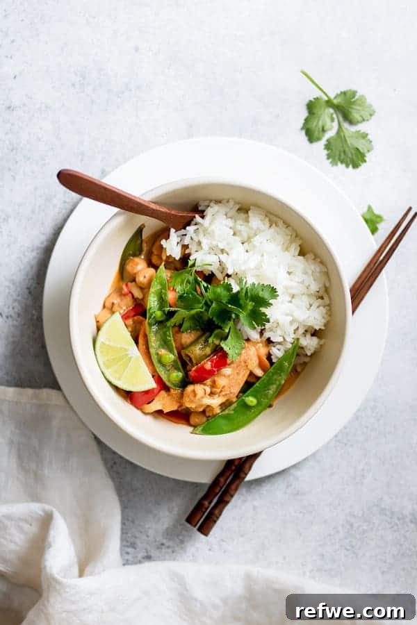 A close-up view of creamy vegetarian Thai red curry with jasmine rice and fresh cilantro.