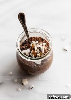 A single serving cup of delicious chocolate chia pudding, topped with more chocolate chips and a spoon resting inside.