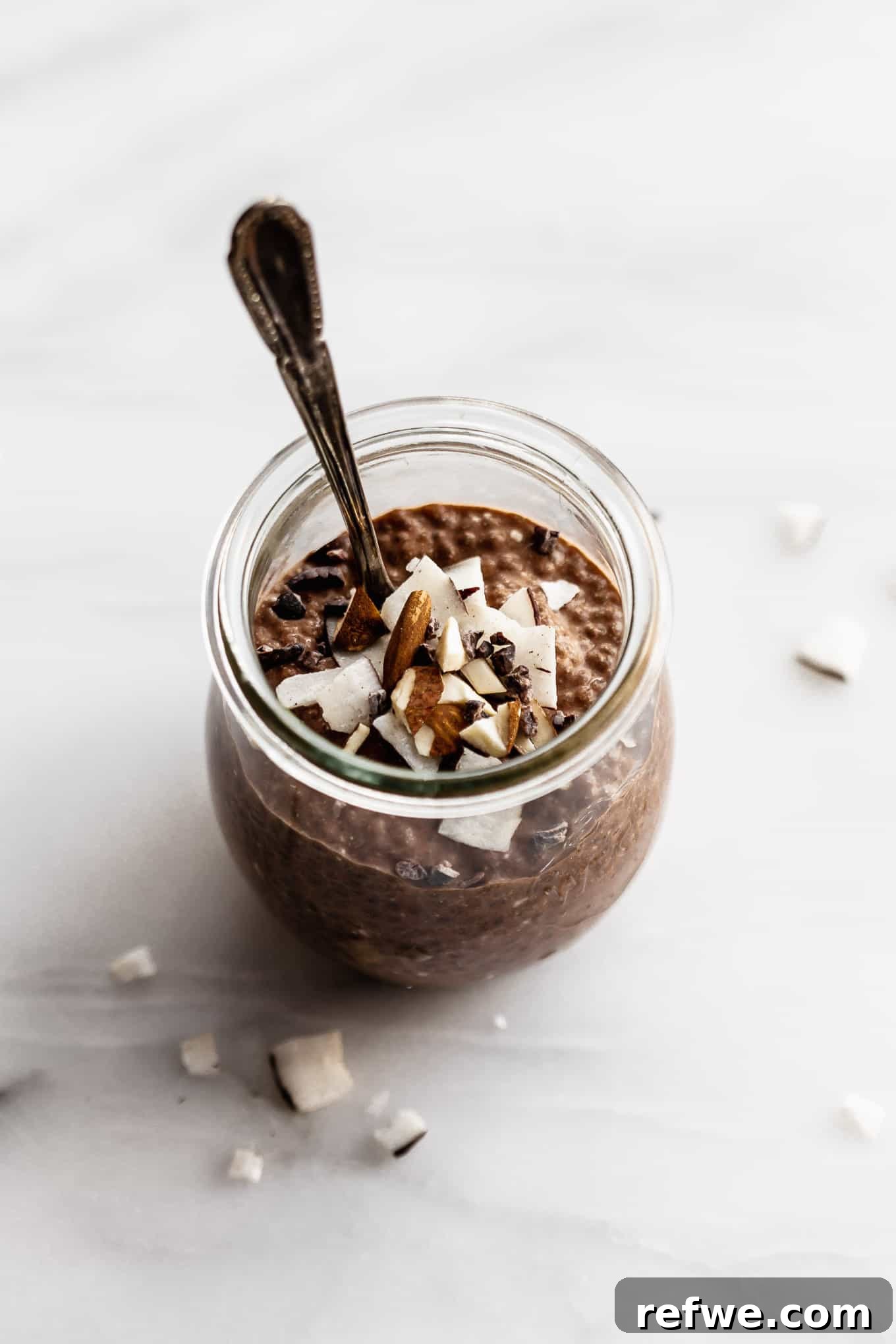 Decadent Chocolate Chia Pudding 8 A single serving cup of delicious chocolate chia pudding, topped with more chocolate chips and a spoon resting inside, inviting a delightful taste.