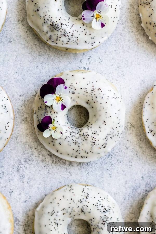 Tray of freshly baked vegan lemon poppy seed donuts ready to be glazed