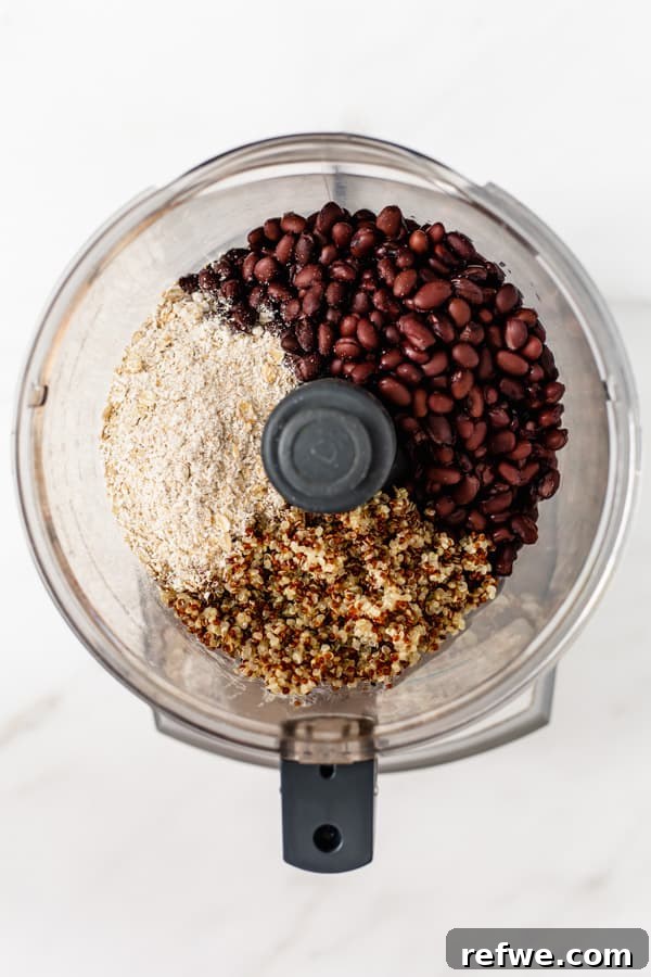 Southwest Quinoa Black Bean Burgers 4 Black beans, cooked quinoa, and ground oats are added to a food processor.