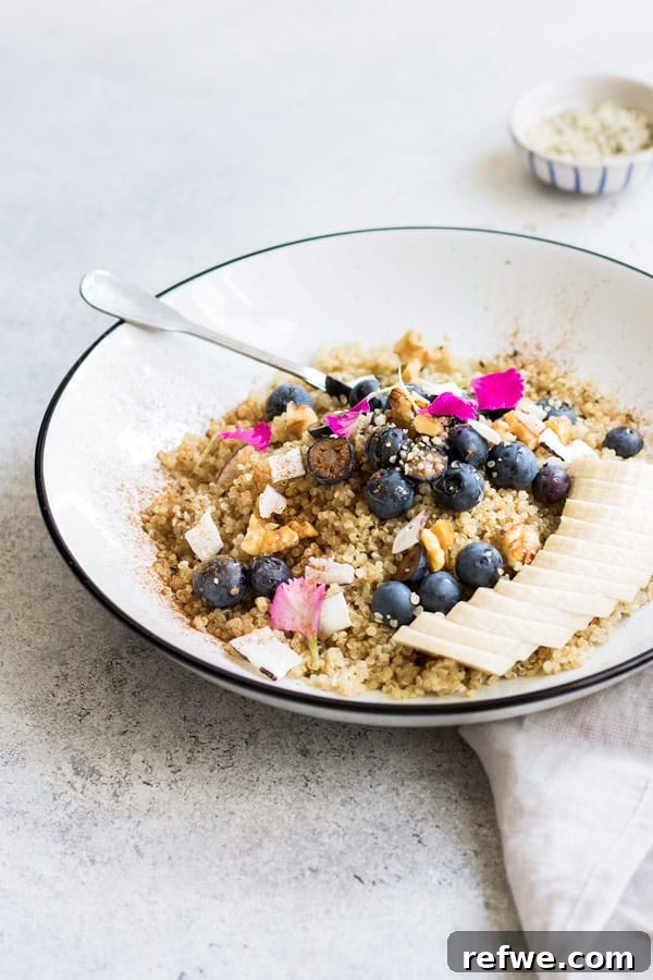 Cozy Maple Cinnamon Quinoa Breakfast 6 Another appealing shot of the maple cinnamon breakfast quinoa bowl, ready to be enjoyed.