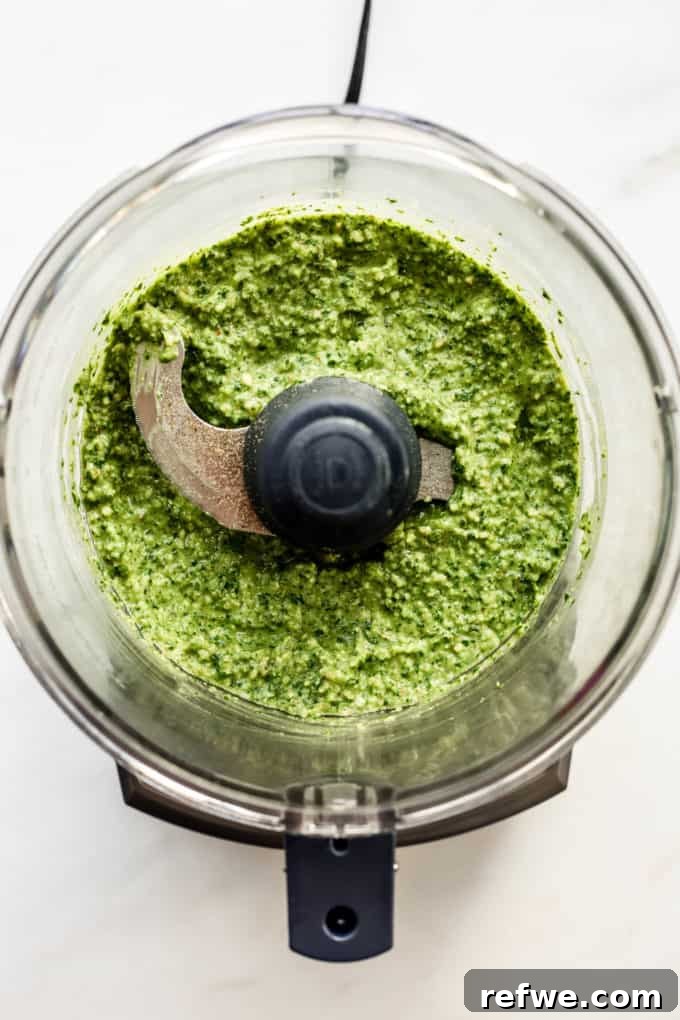 Zesty Pesto Veggie Medley 4 Smooth, vibrant green walnut pesto expertly blended in a food processor