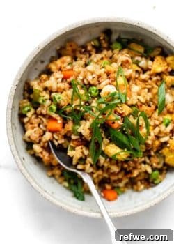 top down image of vegan fried rice with sliced green onions on top