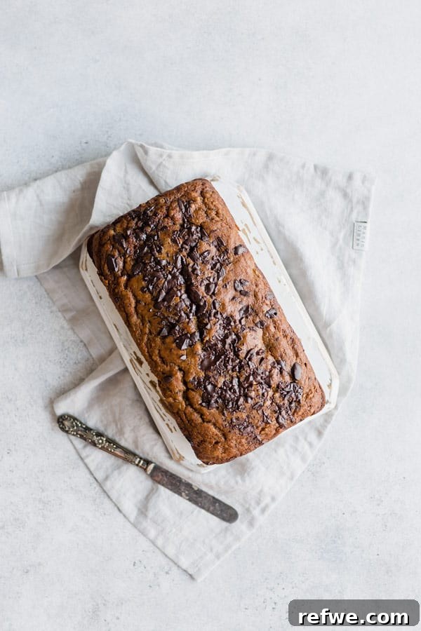 Rustic Rye Banana Bread with Dark Chocolate Chunks 3 close-up of dark chocolate chip & rye banana bread, showing the texture and chocolate chunks
