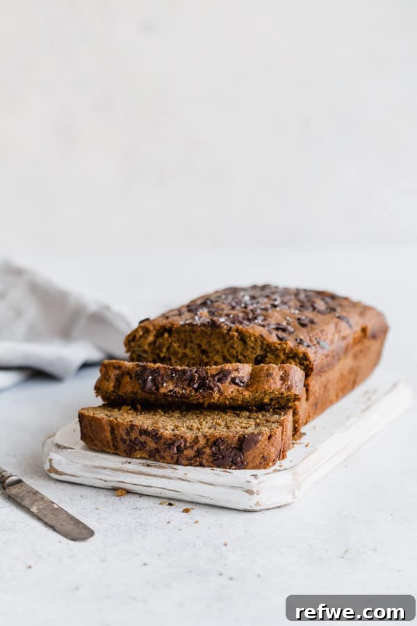 Rustic Rye Banana Bread with Dark Chocolate Chunks 6 dark chocolate chip & rye banana bread slice on a plate with crumbs