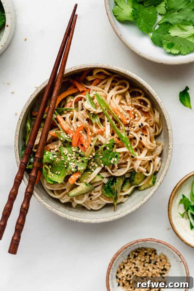 Spring Roll Power Bowls with Zesty Almond Butter Sauce 5 A spring roll noodle bowl tossed in a creamy almond butter sauce, garnished with fresh mint.