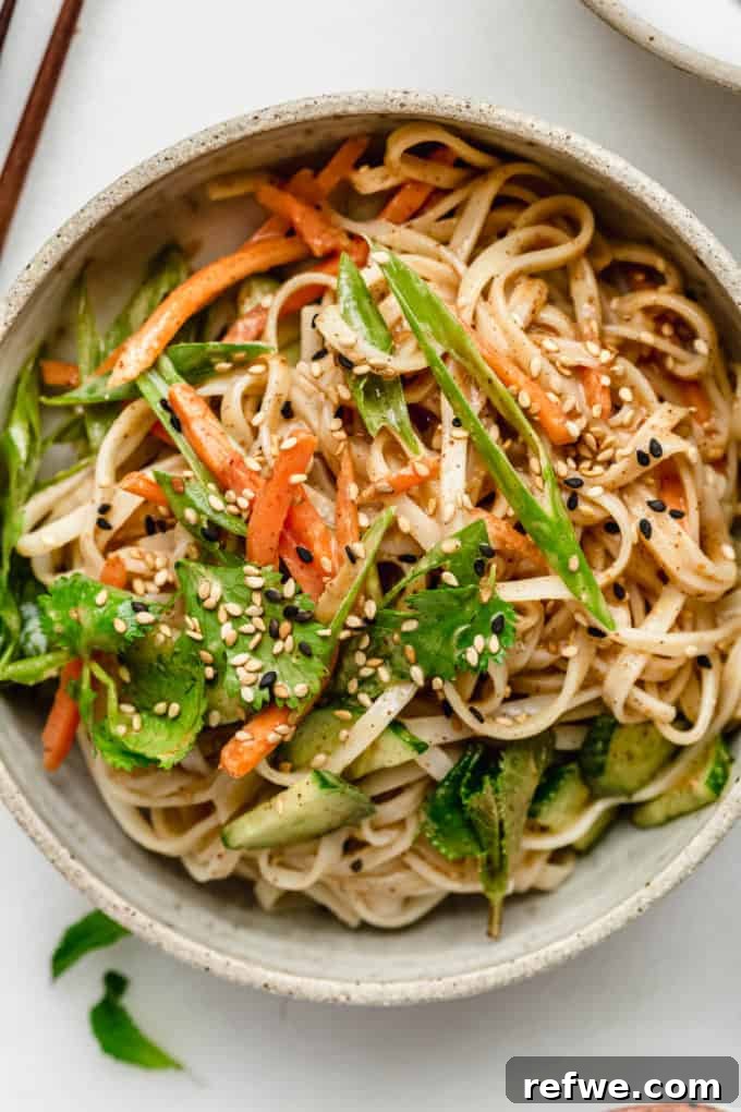 Spring Roll Power Bowls with Zesty Almond Butter Sauce 6 A beautifully arranged spring roll noodle bowl topped with sesame seeds and fresh herbs, ready to eat.