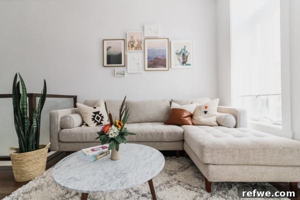 Elegant Sven sofa and Mara coffee table from Article in a zen living room