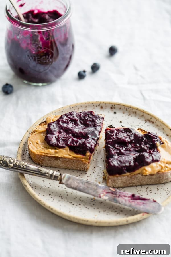 Simple Chia Seed Jam: Three Flavorful Variations 8 Fresh blueberry chia seed jam in a jar.