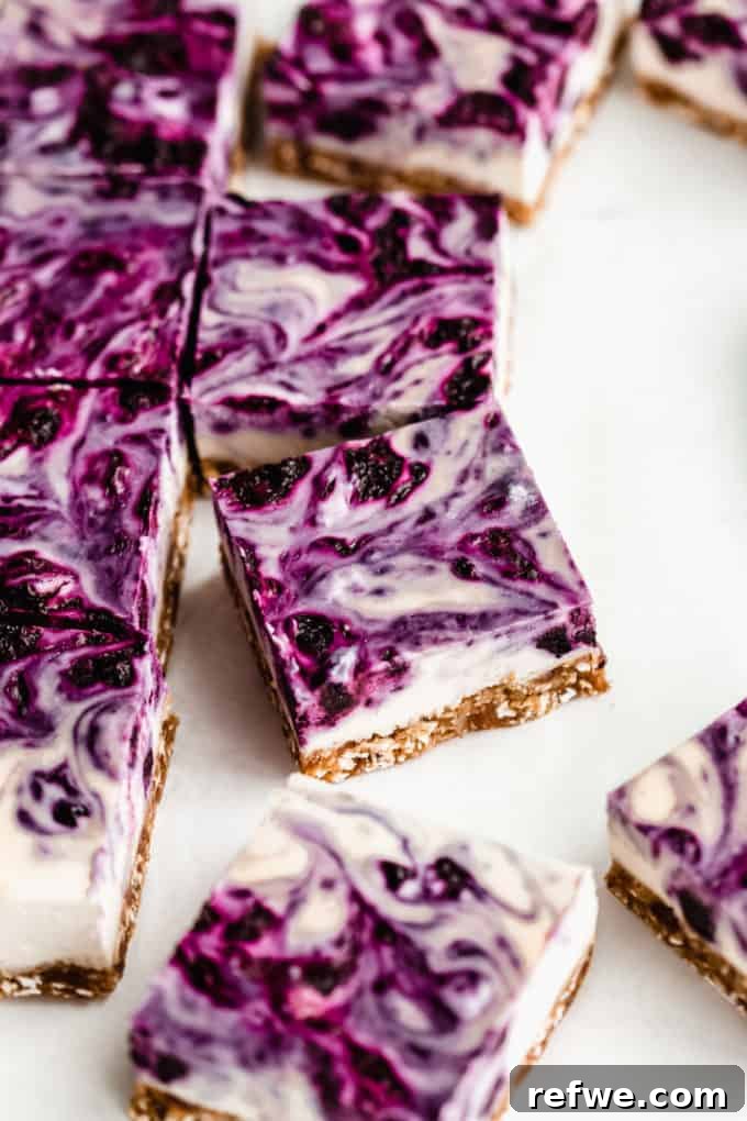 Dairy-Free Blueberry Bliss 12 squares of vegan cheesecake with blueberry swirl on top
