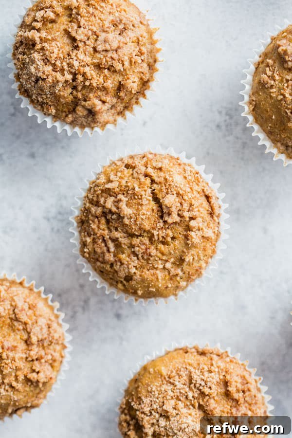 Vegan Coffee Cake Crumble Muffins 6 A close-up shot of five vegan coffee cake streusel muffins arranged aesthetically, inviting viewers to try the recipe.
