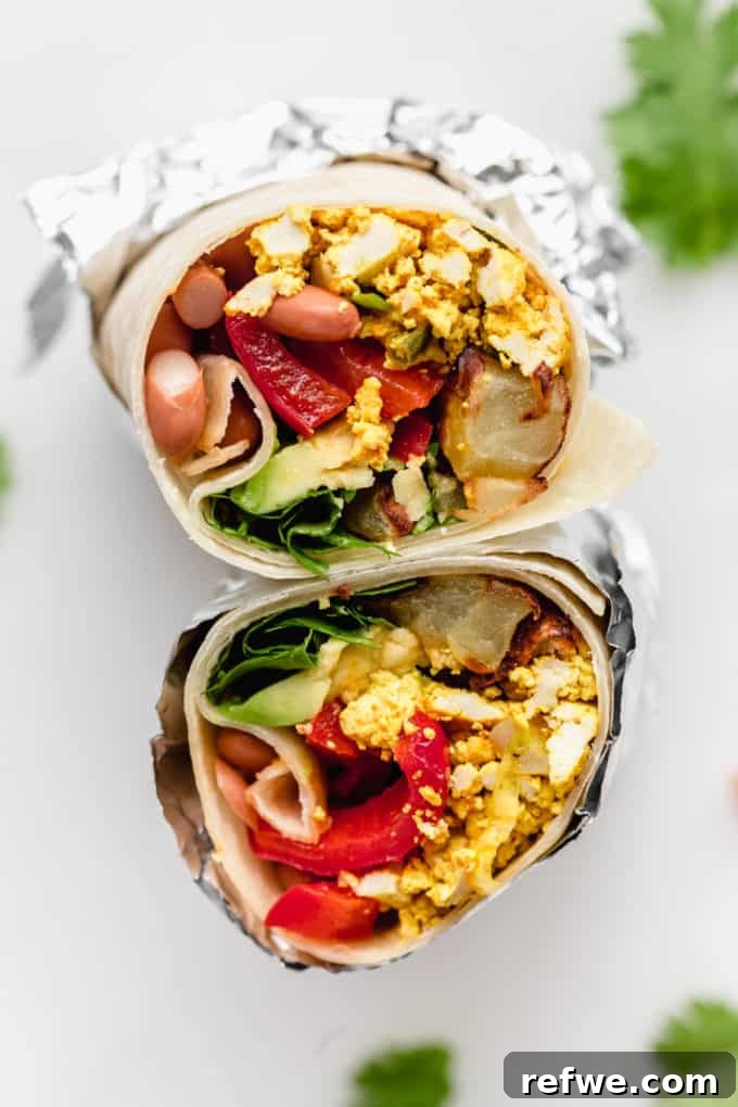 Plant-Powered Breakfast Wrap 6 A vegan breakfast burrito tightly wrapped in aluminum foil for storage