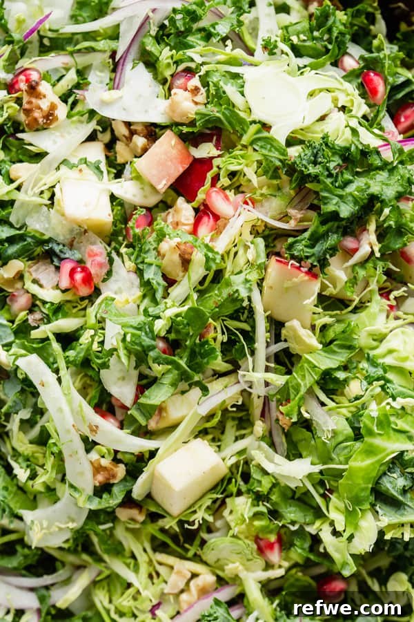 Crisp Brussels Sprout Fennel and Apple Slaw 5 Side view of the healthy shaved Brussels sprouts, fennel & apple salad