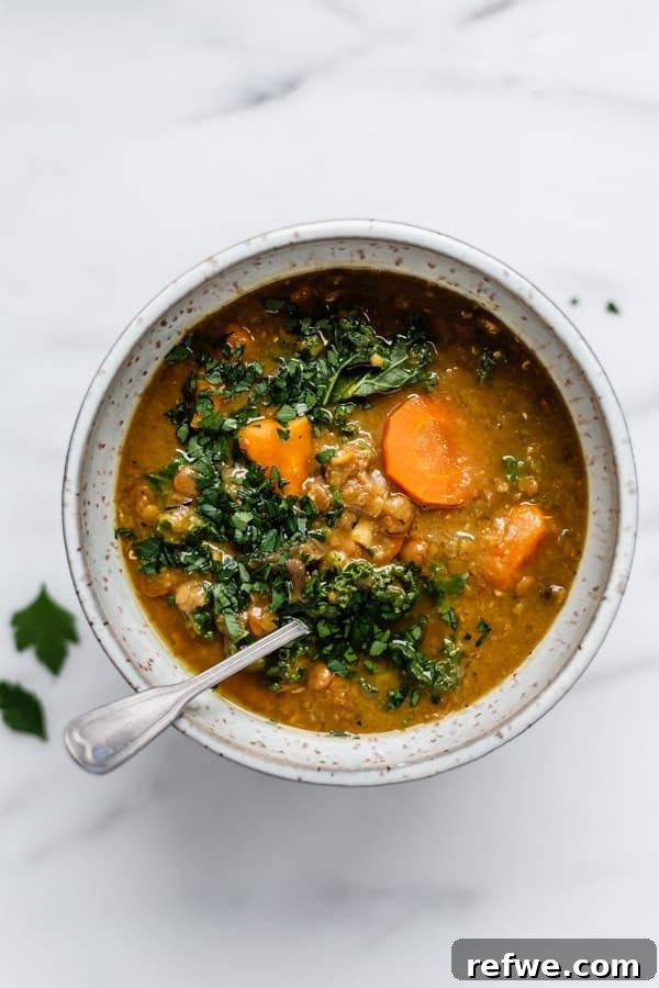 Effortless Vegan Lentil Soup: Slow Cooker Weeknight Comfort 4 A bowl of lentil soup, garnished with fresh parsley, resting in a charming light blue speckled bowl.