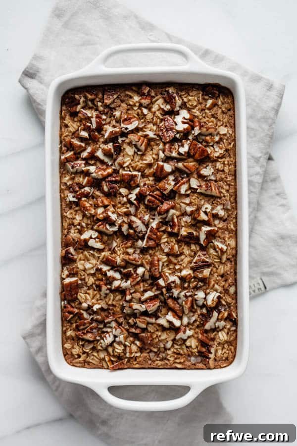 Freshly baked pecan pie oatmeal, golden brown and ready to be served