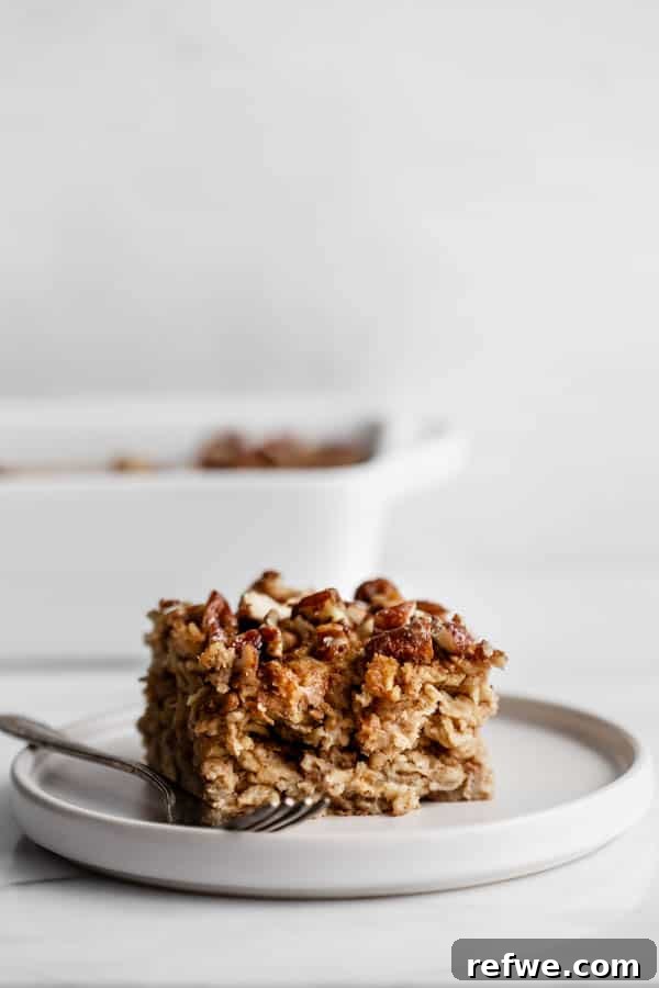 Pecan pie baked oatmeal served in a dish, showing its delicious texture