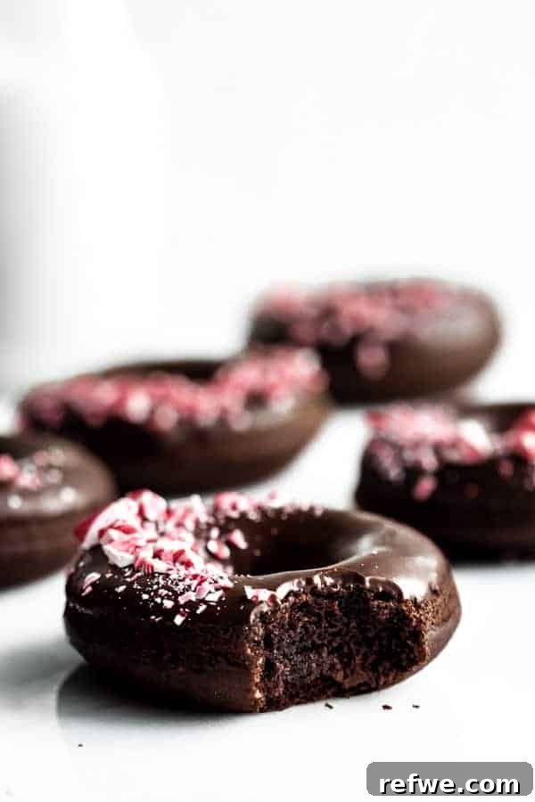 Peppermint Mocha Vegan Dream Rings 3 A vegan peppermint mocha donut with a bite taken out, revealing its soft interior and topped with vibrant crushed candy canes.