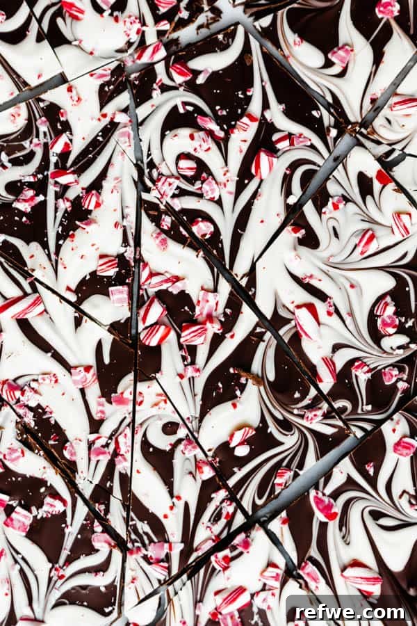 Wintermint Swirl Bark 11 Several irregular pieces of marbled peppermint bark arranged on a surface, highlighting their festive colors and textures.