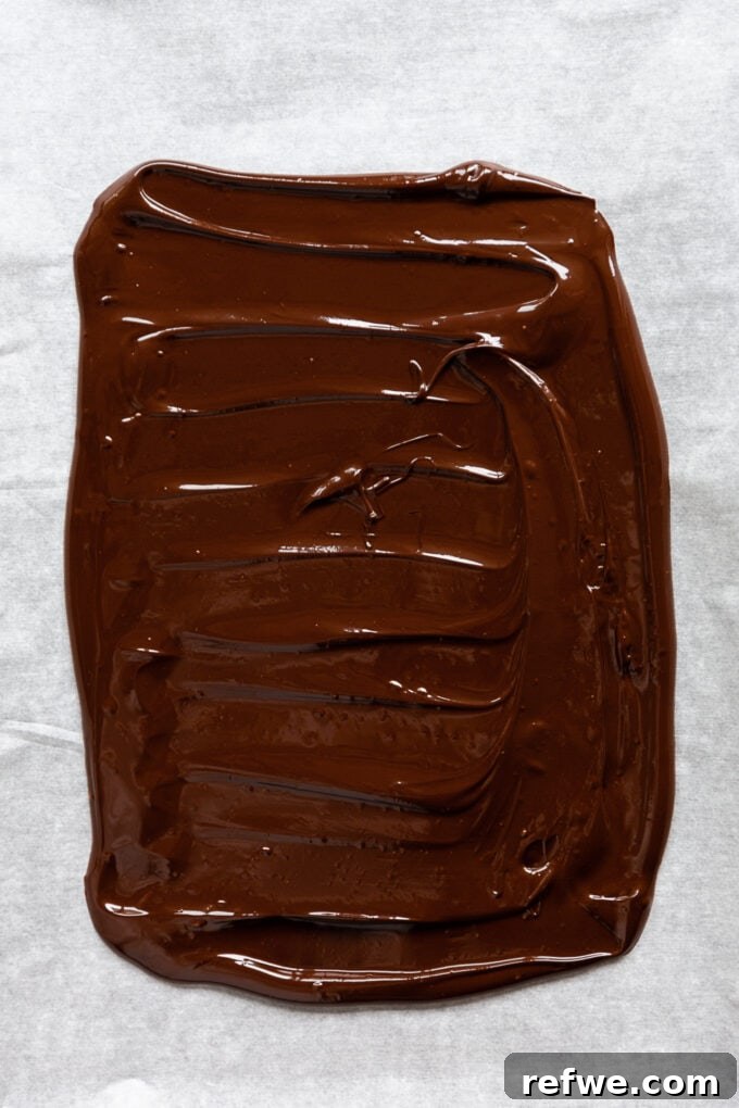Wintermint Swirl Bark 6 Smooth dark chocolate evenly spread on a piece of parchment paper on a baking sheet, forming the base for peppermint bark.