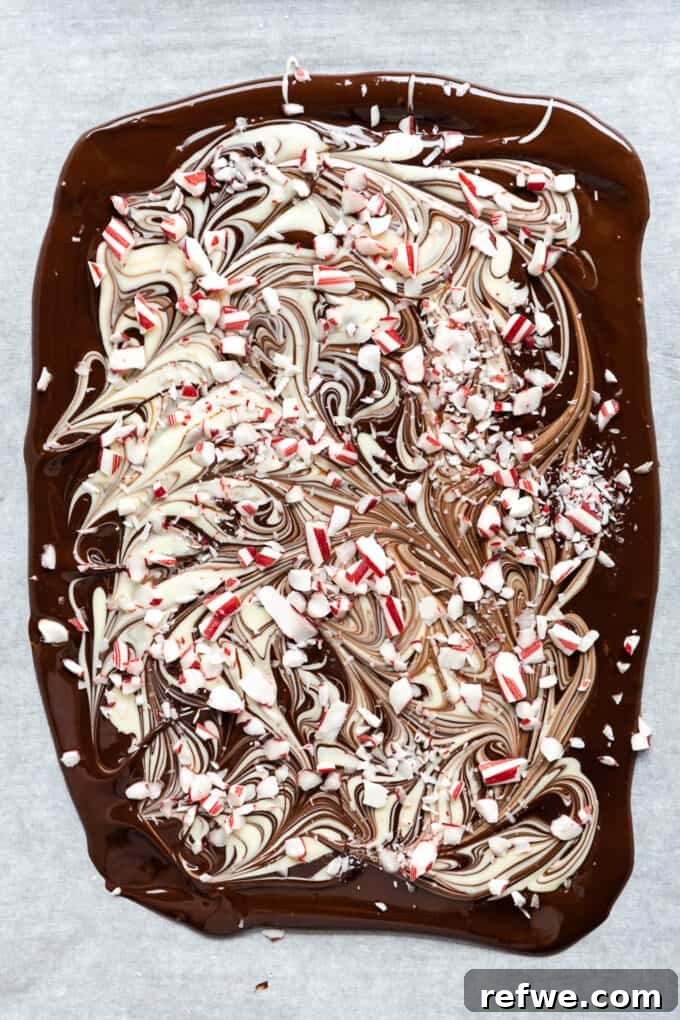Wintermint Swirl Bark 9 Marbled dark and white chocolate bark generously topped with vibrant crushed candy canes, ready to be chilled.