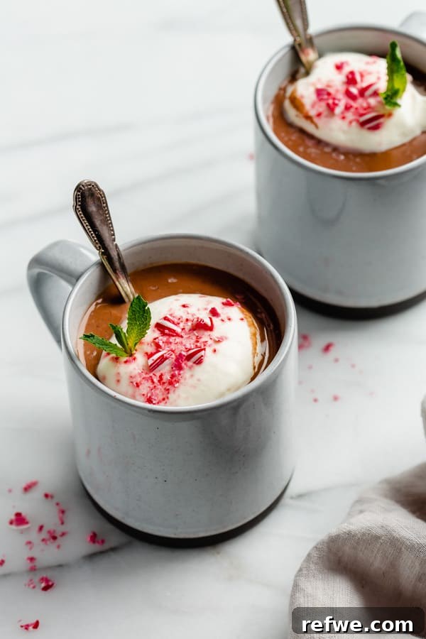 Velvety Vegan Peppermint Hot Cocoa 4 Ingredients for vegan peppermint hot chocolate laid out on a kitchen counter, including dark chocolate, almond milk, and maple syrup.