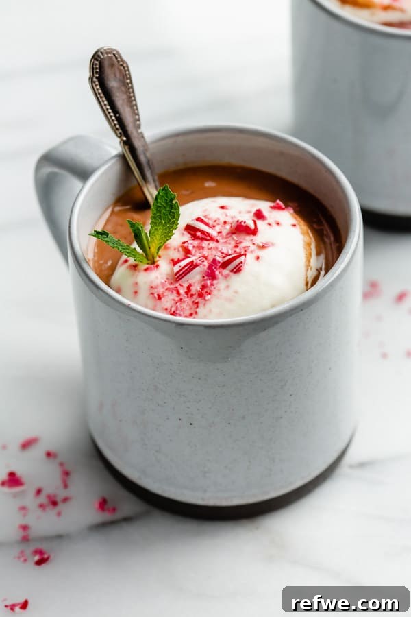 Velvety Vegan Peppermint Hot Cocoa 5 A festive mug of vegan peppermint hot chocolate with candy cane garnish, ready to be enjoyed.