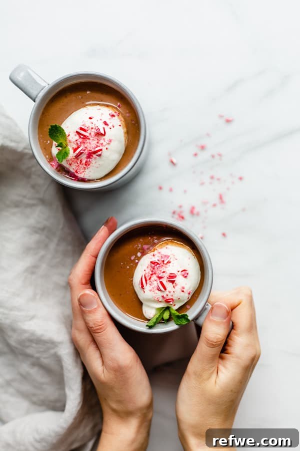 Velvety Vegan Peppermint Hot Cocoa 6 Overhead shot of two mugs of vegan peppermint hot chocolate, beautifully garnished, on a rustic wooden surface.