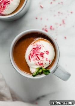 Vegan Peppermint Hot Chocolate served in a festive mug.