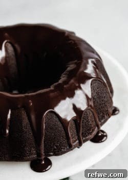 A close up of a gingerbread bundt cake with chocolate glaze dripping down the sides, ready to be enjoyed.