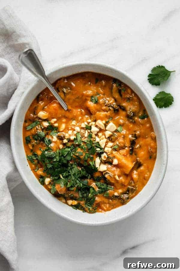Cozy Vegan Peanut Pot 4 A single bowl of inviting West African peanut stew, elegantly presented with a soft grey napkin beside it.