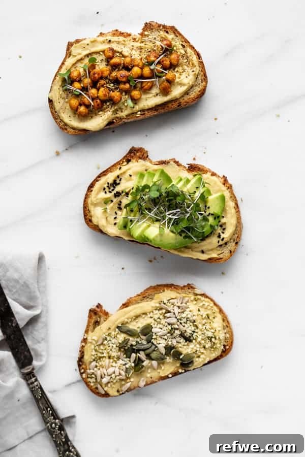hummus toast 3 ways - variety of healthy breakfast options