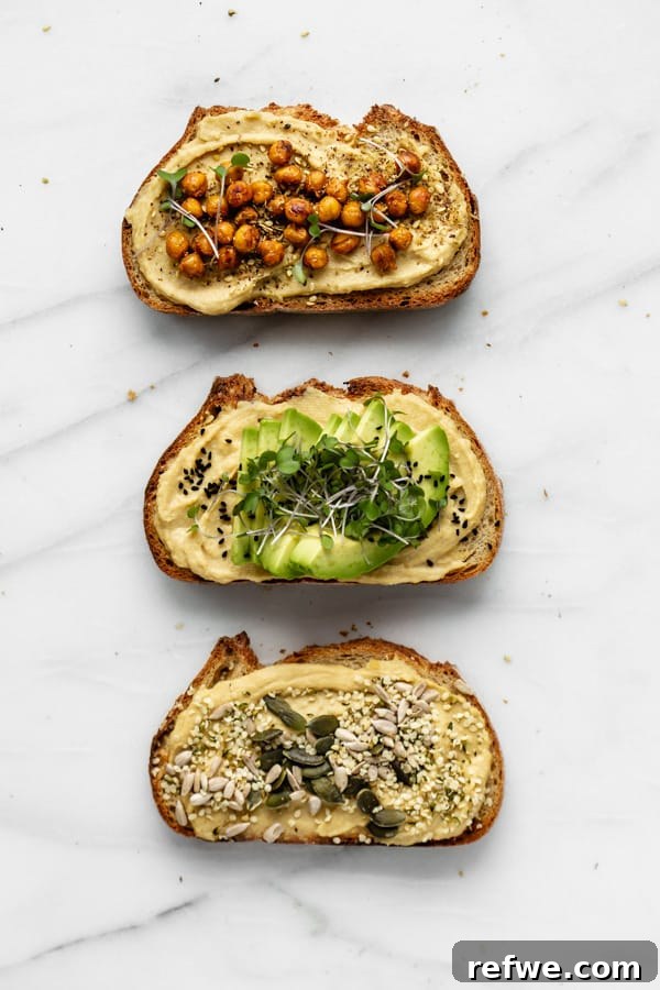 hummus toast 3 ways - close up