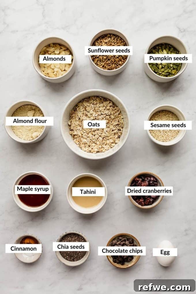 Wholesome Morning Cookie Delights 3 A vibrant display of healthy breakfast cookie ingredients laid out, including oats, various nuts and seeds, dried fruits, and natural sweeteners.