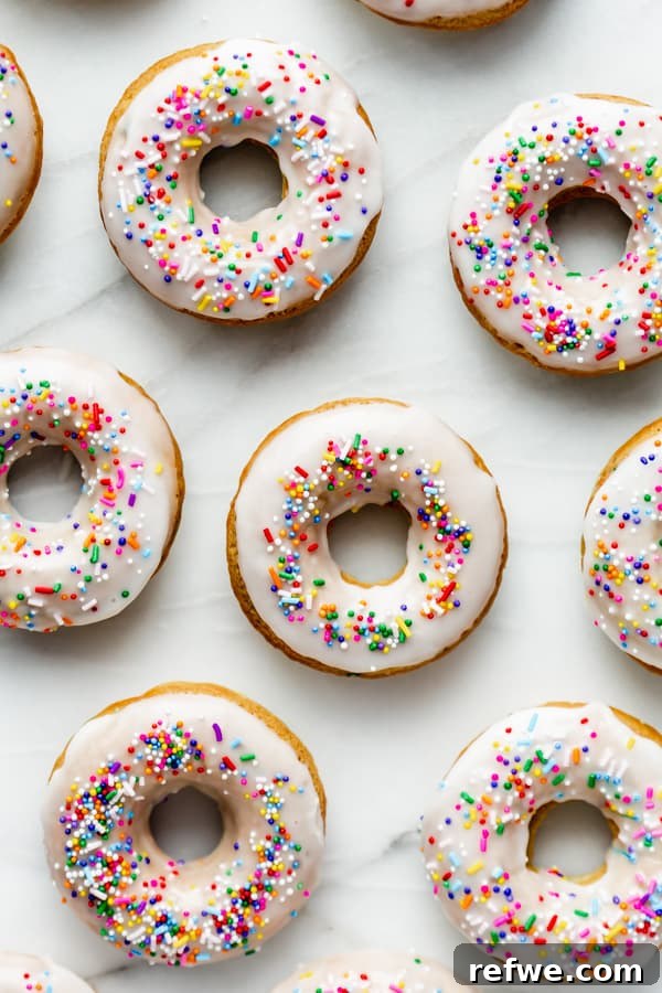 Vegan Cake Batter Bliss Donuts 4 Freshly baked vegan cake batter donuts with sprinkles cooling on a rack