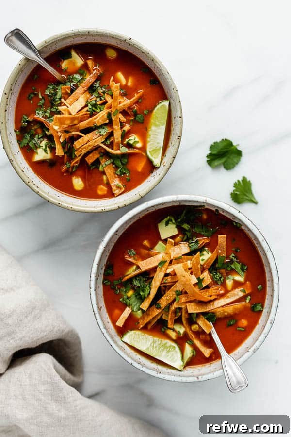 Smoky Plant-Powered Tortilla Soup 2 A vibrant bowl of vegan tortilla soup garnished with crispy tortilla strips and fresh cilantro, ready to be enjoyed.