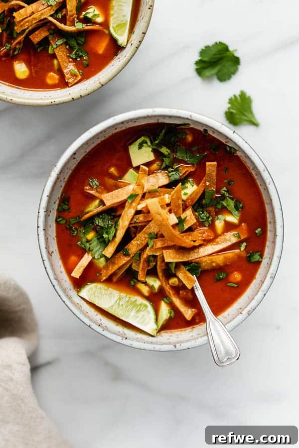 Smoky Plant-Powered Tortilla Soup 6 A close-up of a bowl of vegan tortilla soup, garnished with plenty of crispy tortilla strips and fresh cilantro.