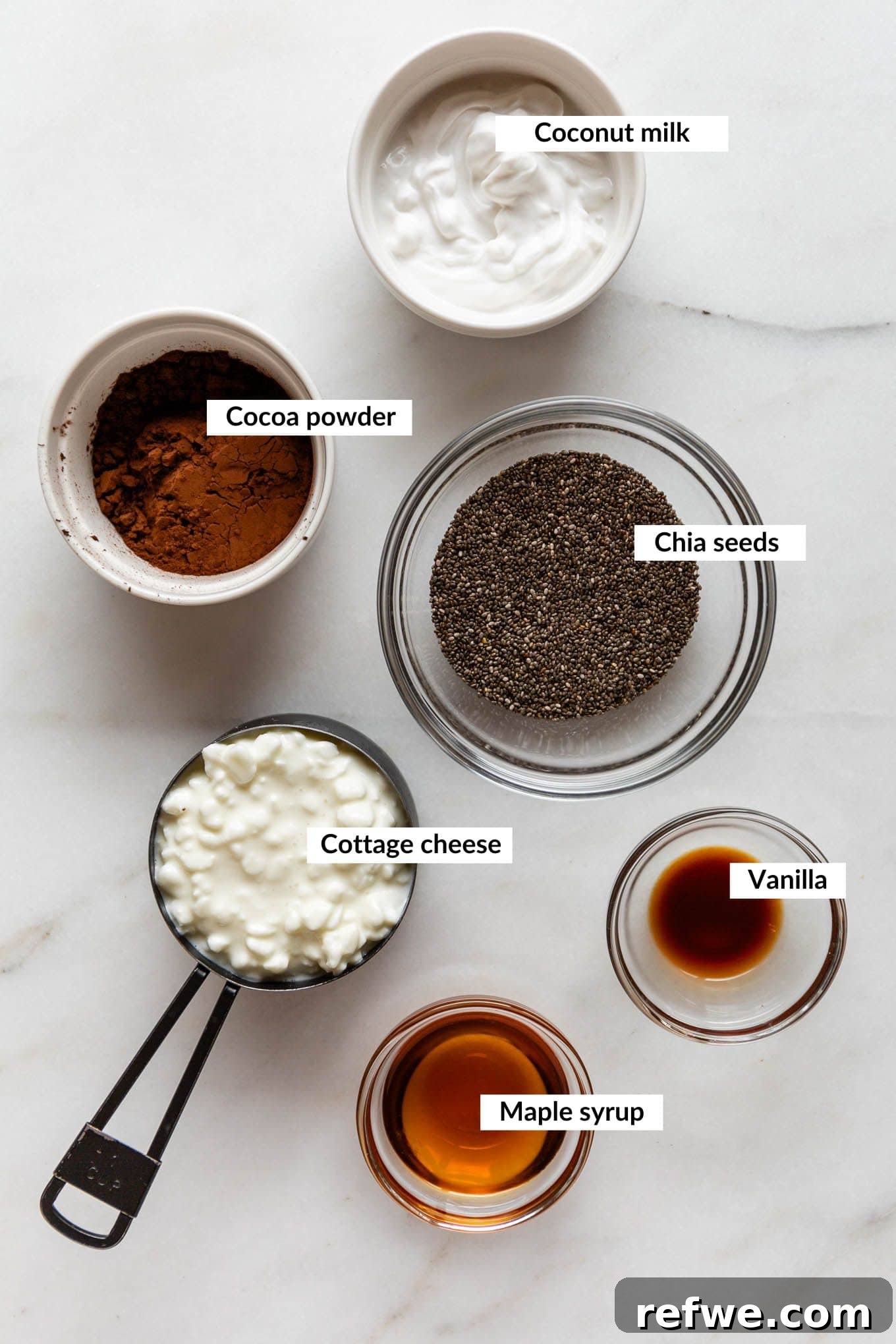 Silky Chocolate Chia Pudding 3 A vibrant flat lay of all the fresh ingredients required to make the delicious Chocolate Chia Mousse, neatly arranged.