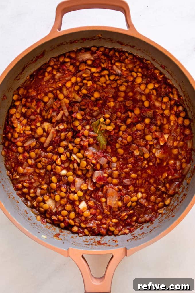 lentils in tomato sauce in a pan