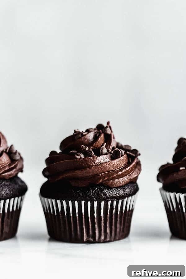 A close-up shot of a single vegan chocolate cupcake, beautifully frosted with chocolate icing and adorned with chocolate chips on top, ready to be enjoyed.