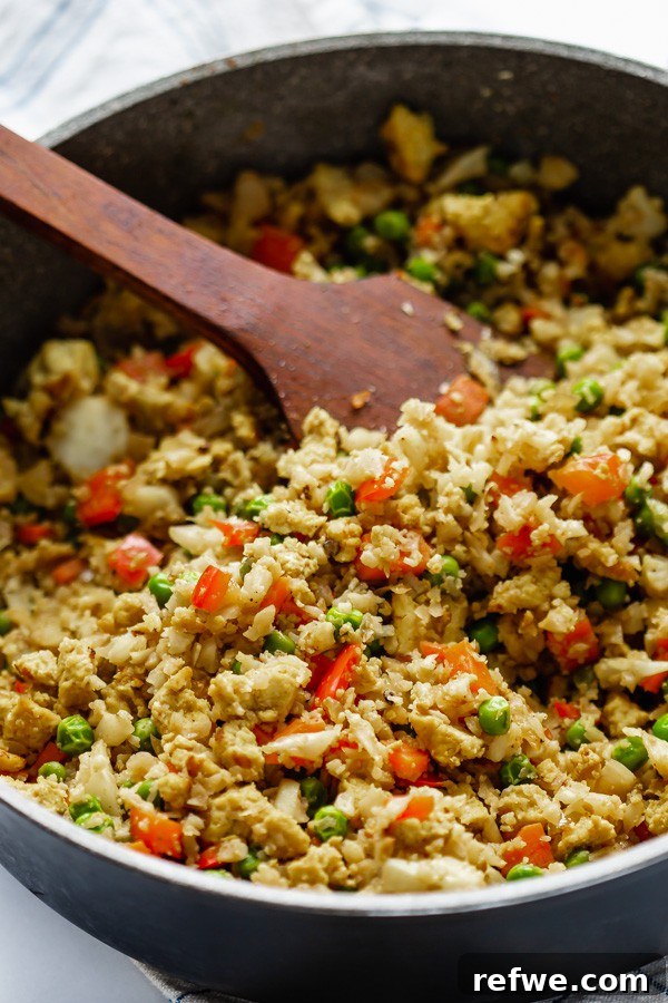 Wholesome Vegan Cauliflower Fried Rice 5 A close-up of finished cauliflower rice, ready for cooking
