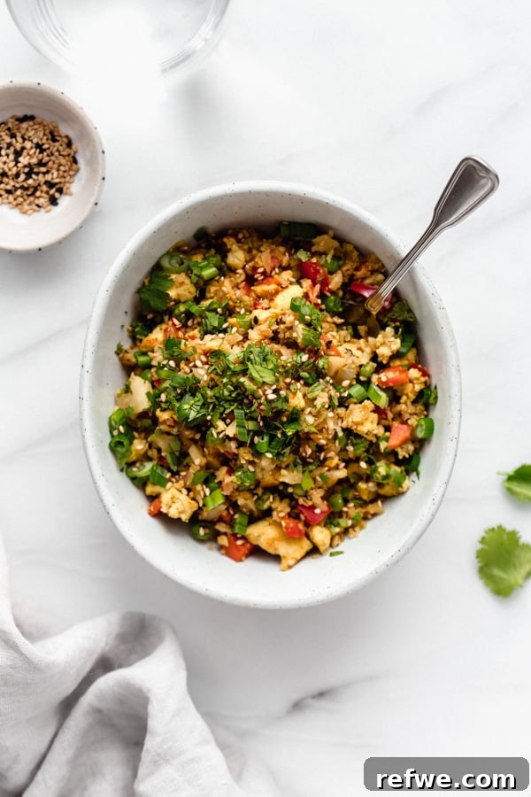 Wholesome Vegan Cauliflower Fried Rice 6 Ingredients for vegan cauliflower fried rice laid out