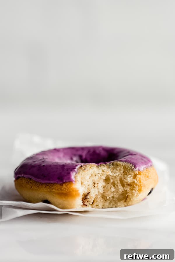 Blueberry Bliss Vegan Donuts 5 A close-up shot of a fluffy vegan blueberry donut with a bite taken out, showing the tender crumb and real blueberry pieces inside, coated in a glistening blueberry glaze.