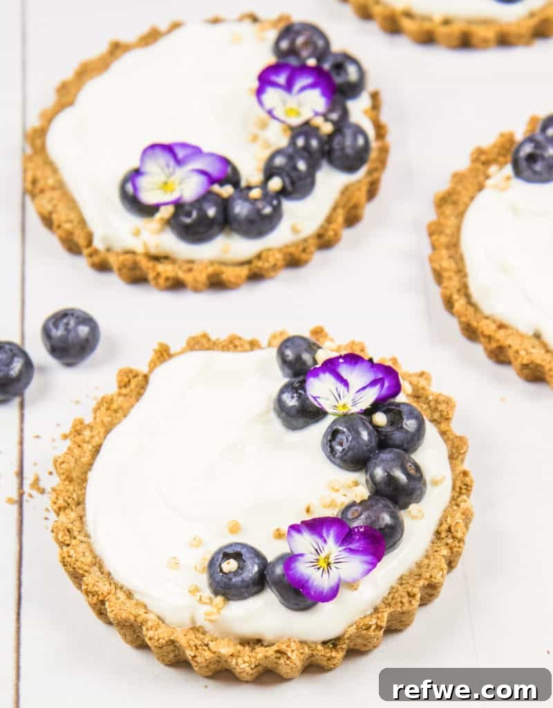 Close-up of freshly made Blueberry Granola Tarts with yogurt