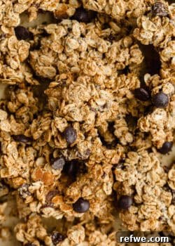 Golden granola clusters with chocolate chips.