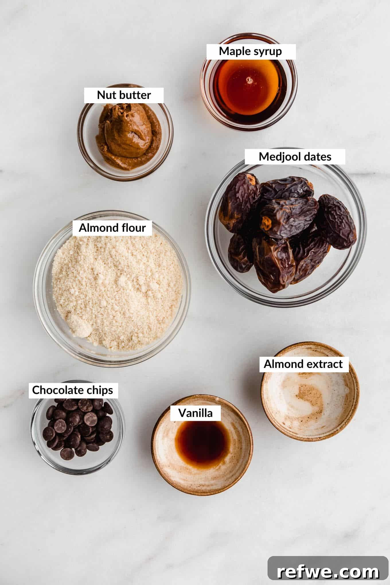 Cookie Dough-Stuffed Dates: Sweet Appetizer with Chocolate Chips 3 Cookie dough stuffed dates ingredients.