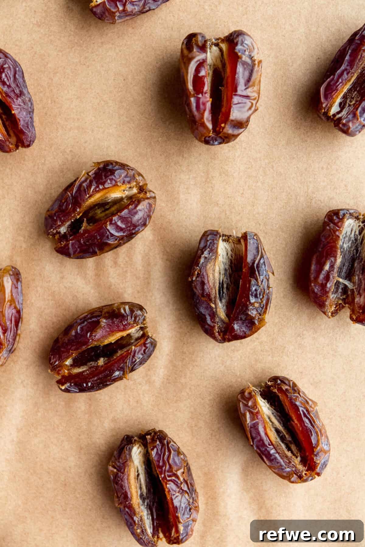 Cookie Dough-Stuffed Dates: Sweet Appetizer with Chocolate Chips 8 medjool dates with the pits removed.