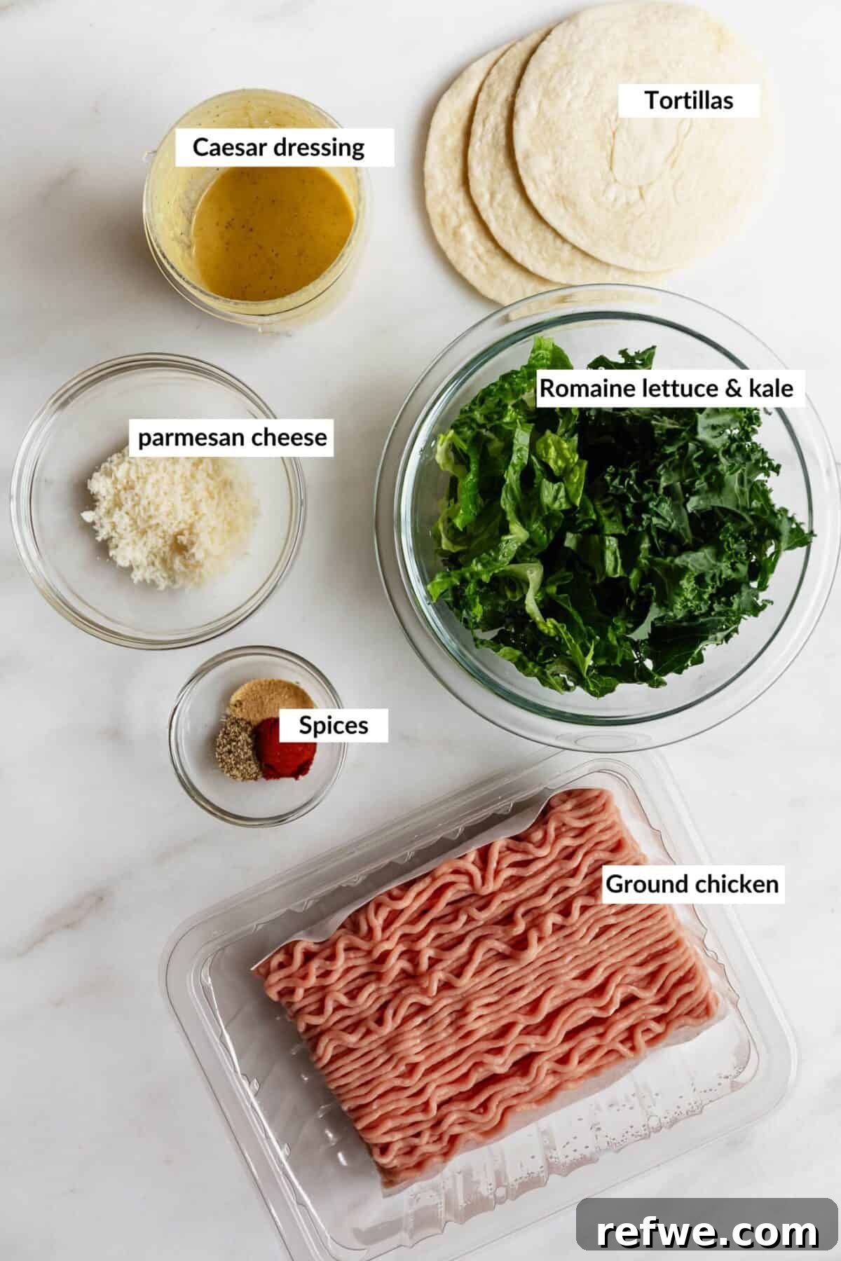 Ingredients for smashed chicken caesar tacos.