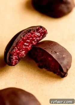 A chocolate chia jam bite cut in half with raspberry jam filling.